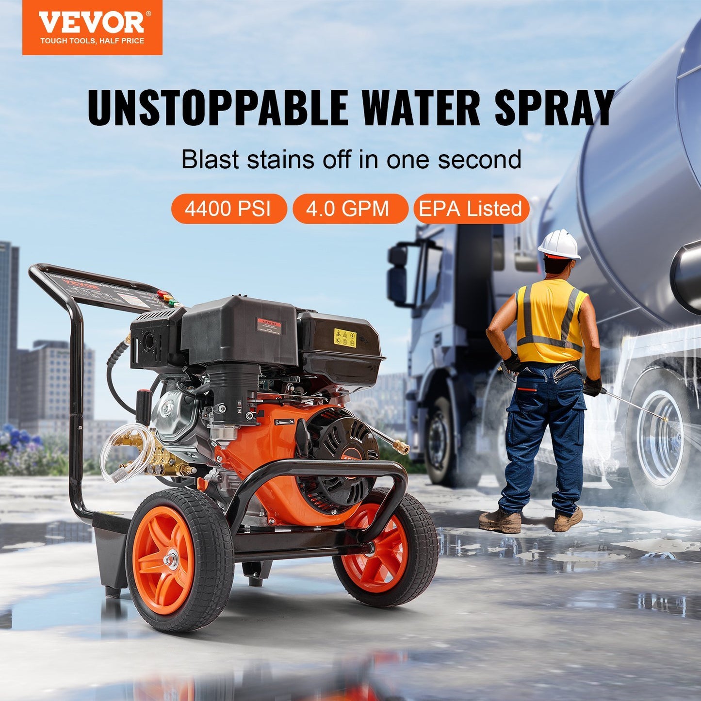 VEVOR Gas Pressure Washer, 4400 PSI 4.0 GPM, Gas Powered Pressure Washer with Copper Pump, Spray Gun and Extension Wand, 5 Quick Connect Nozzles,