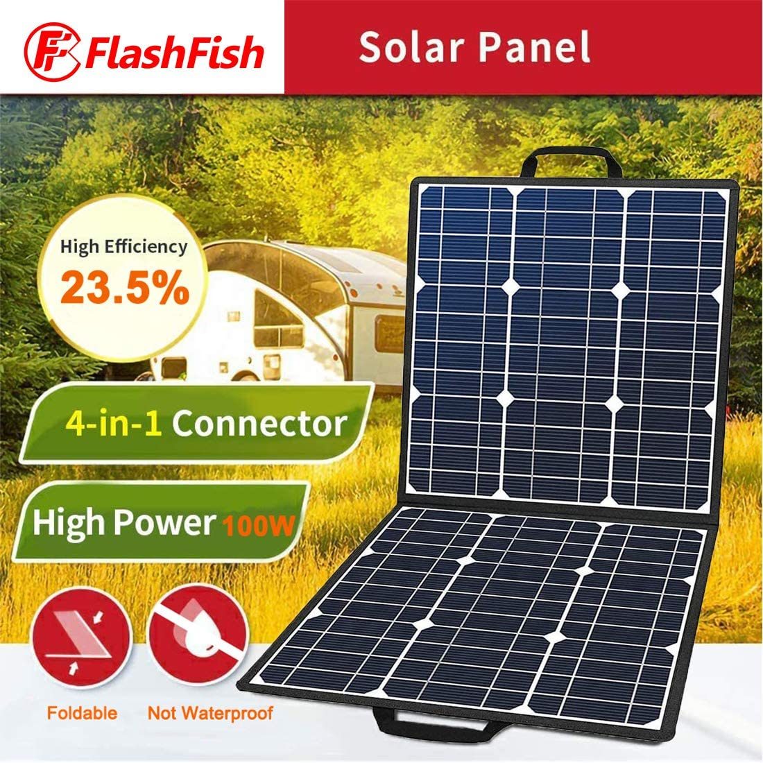 100W 18V Portable Solar Panel, Flashfish Foldable Solar Charger with 5V USB 18V DC Output Compatible with Portable Generator