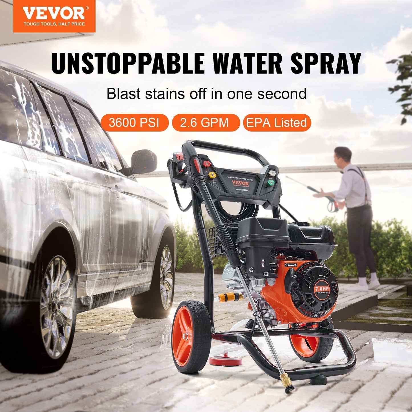 VEVOR Gas Pressure Washer, 3600 PSI 2.6 GPM, Gas Powered Pressure Washer with Copper Pump, Spray Gun and Extension Wand, 5 Quick Connect Nozzles