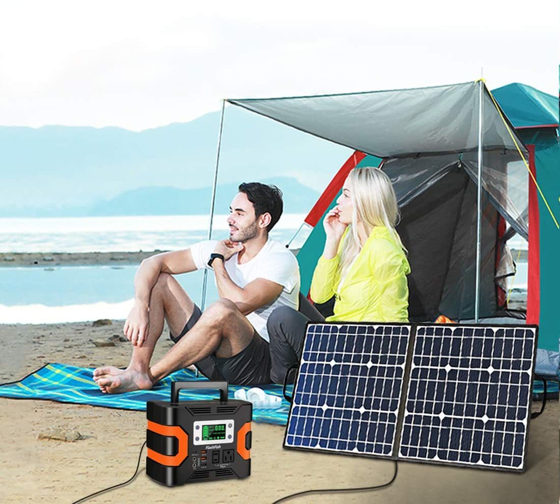 100W 18V Portable Solar Panel, Flashfish Foldable Solar Charger with 5V USB 18V DC Output Compatible with Portable Generator